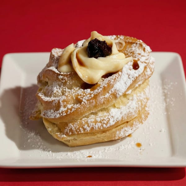 A zeppole pastry, dusted with powdered sugar, topped with cream and a dark cherry.