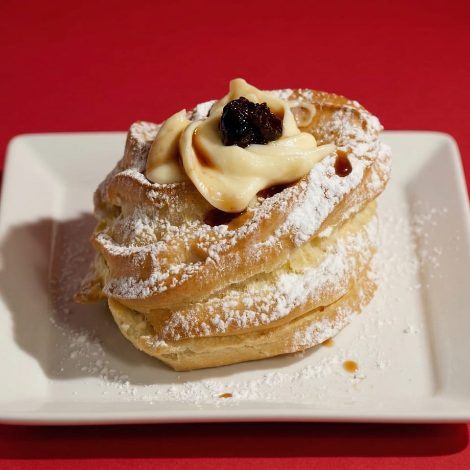 A zeppole pastry, dusted with powdered sugar, topped with cream and a dark cherry.