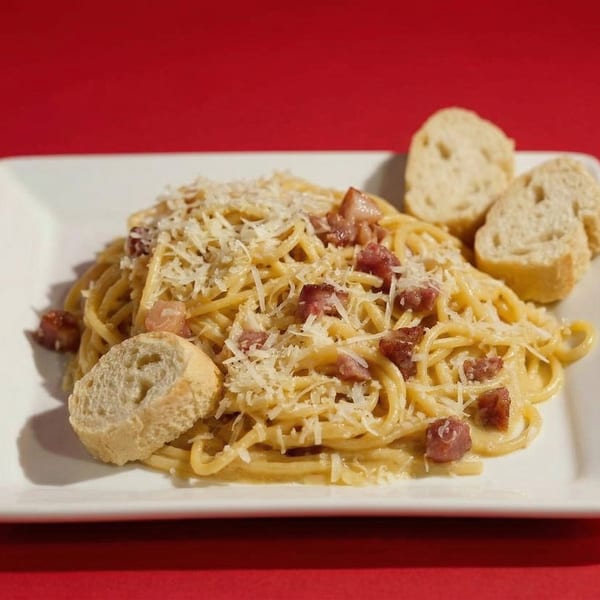 Spaghetti carbonara with bacon, parmesan cheese, and bread slices on a white rectangular plate.