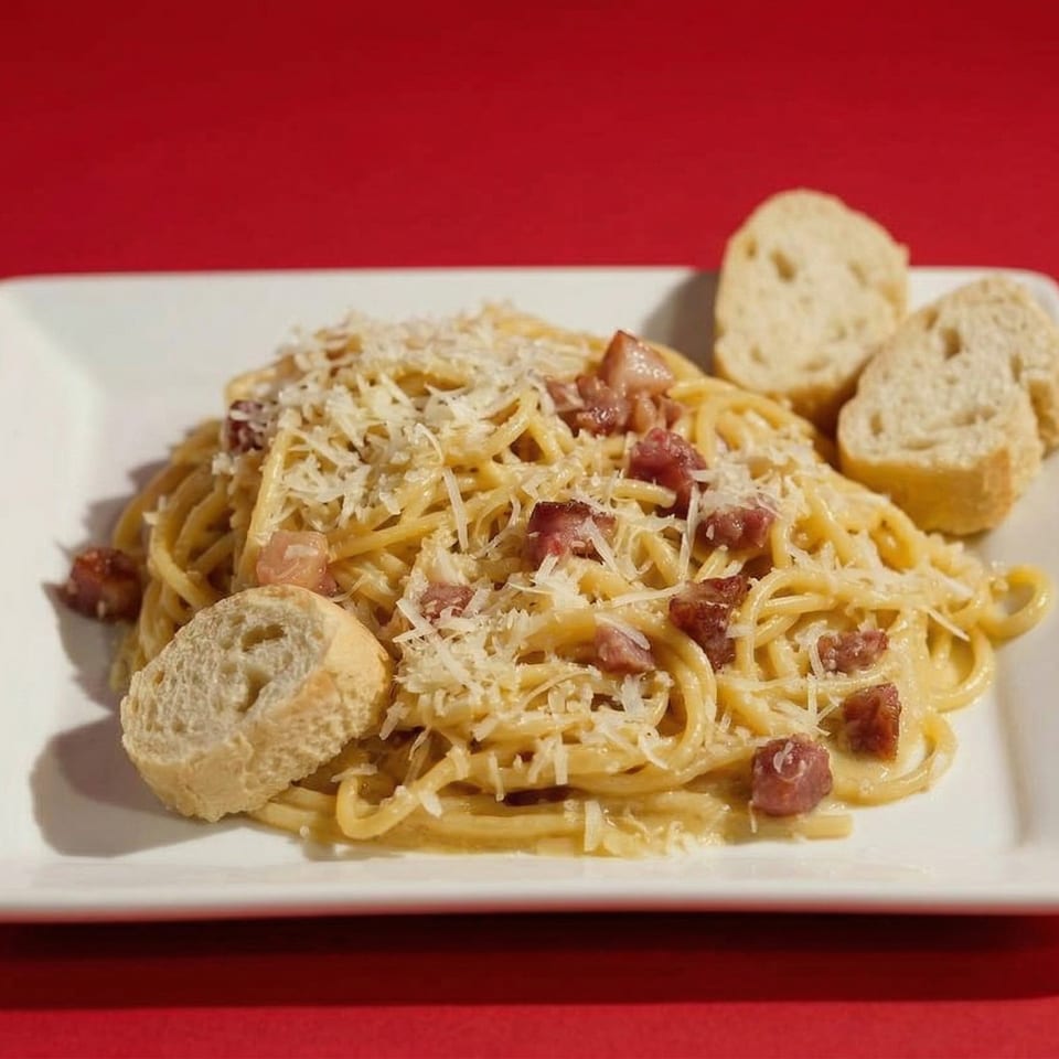 Spaghetti carbonara with bacon, parmesan cheese, and bread slices on a white rectangular plate.