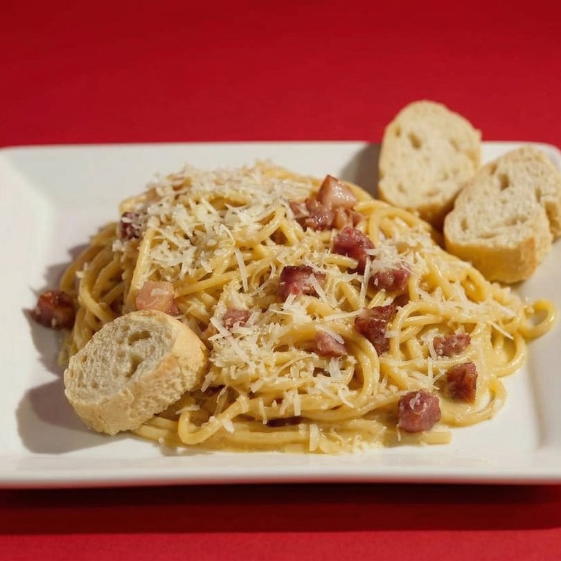 Spaghetti carbonara with bacon, parmesan cheese, and bread slices on a white rectangular plate.