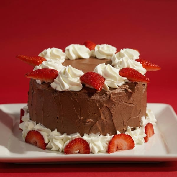 Chocolate cake with whipped cream and sliced strawberries on a white plate against a red background.