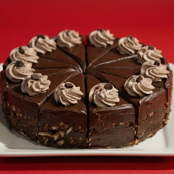 A whole chocolate cake, sliced into wedges, topped with chocolate frosting swirls and chocolate pieces.