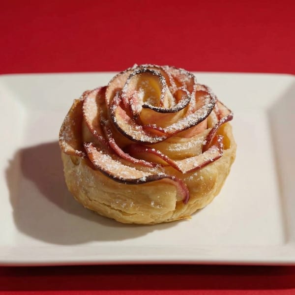 A rose-shaped apple tart, dusted with powdered sugar, sits on a white rectangular plate.