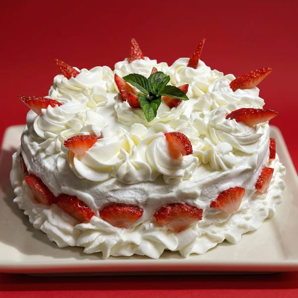 White frosted cake with strawberries and a mint sprig on top, against a red background.