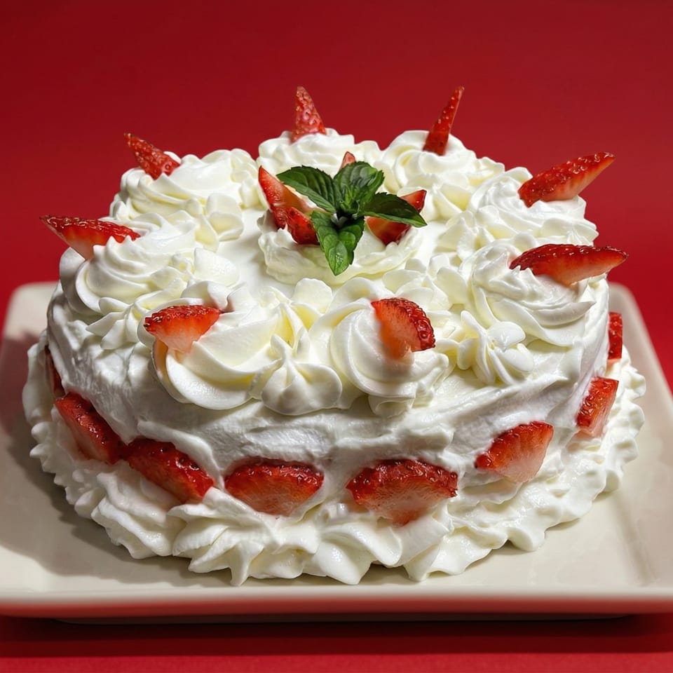 White frosted cake with strawberries and a mint sprig on top, against a red background.