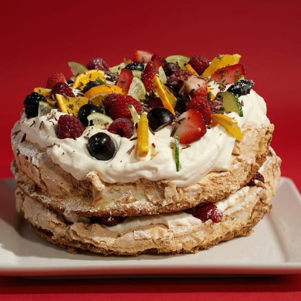 Two-tiered meringue cake with whipped cream, fresh berries, citrus, and chocolate shavings on a white plate.