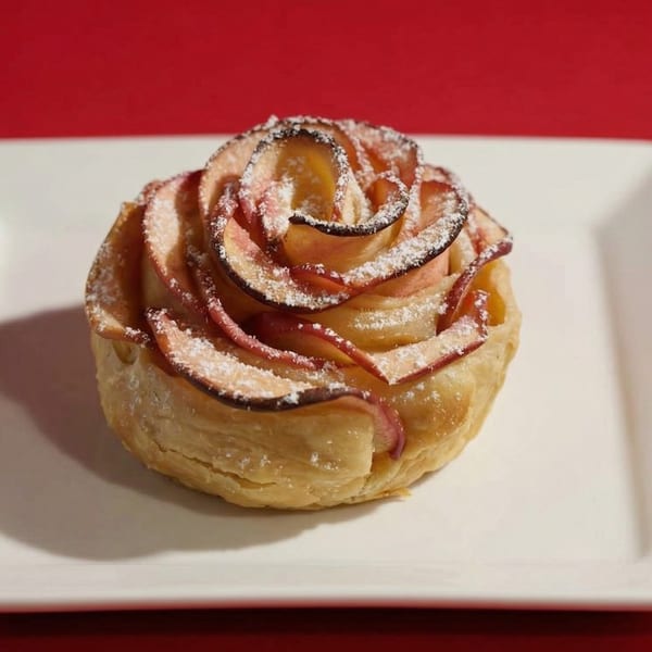 A rose-shaped apple tart with powdered sugar on a white rectangular plate.